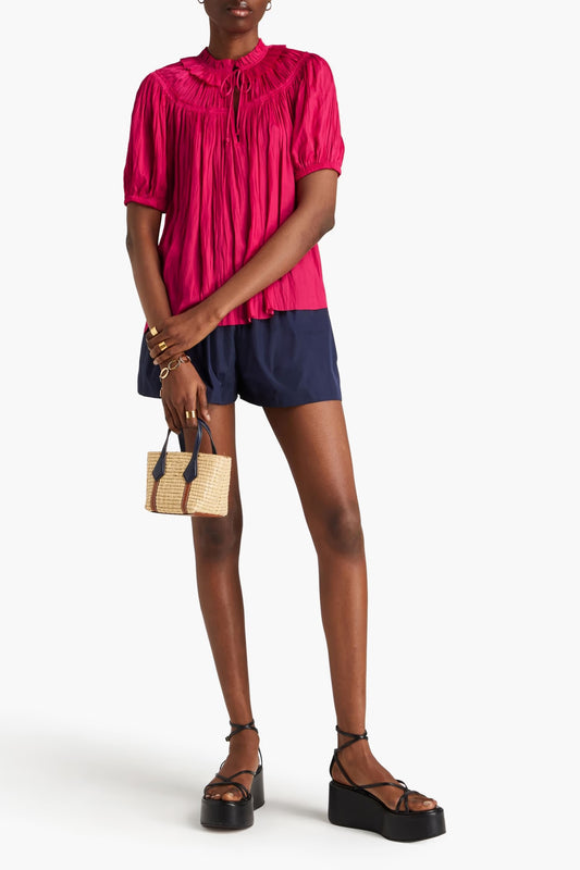 0 / XS - Ulla Johnson Pink Eleni Crushed Plisse Satin Short Sleeve Top 0410KB