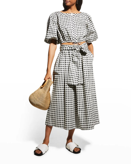Tory Burch B&W Gingham Puff Sleeve Top & Midi Skirt Set - Size S - NEW - 1215RJ