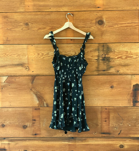 Reformation Black Floral Print Silvia Mini Ruffled Sun Dress - Size S - 0426CR
