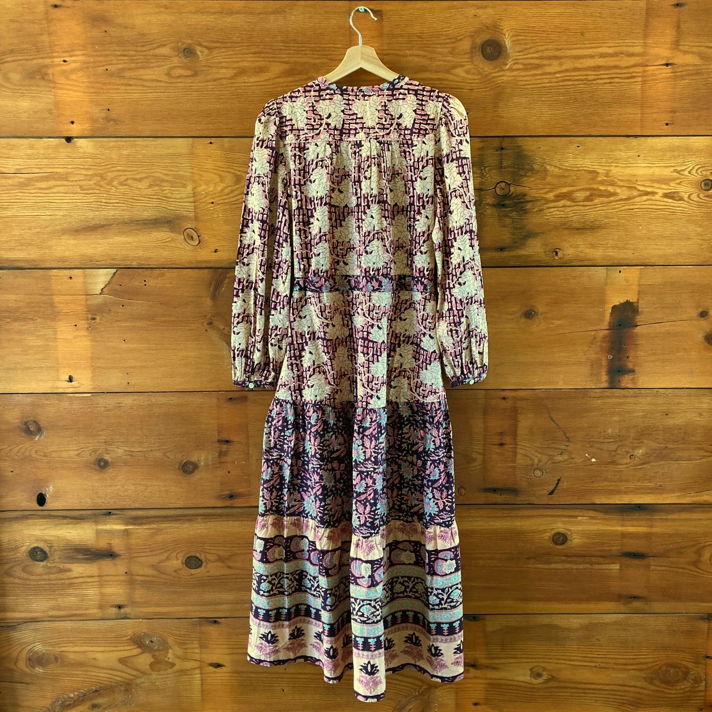 Faherty Pink Idina Block Print Long Sleeve Tie Waist Maxi Dress - Sz S - 0830KJ
