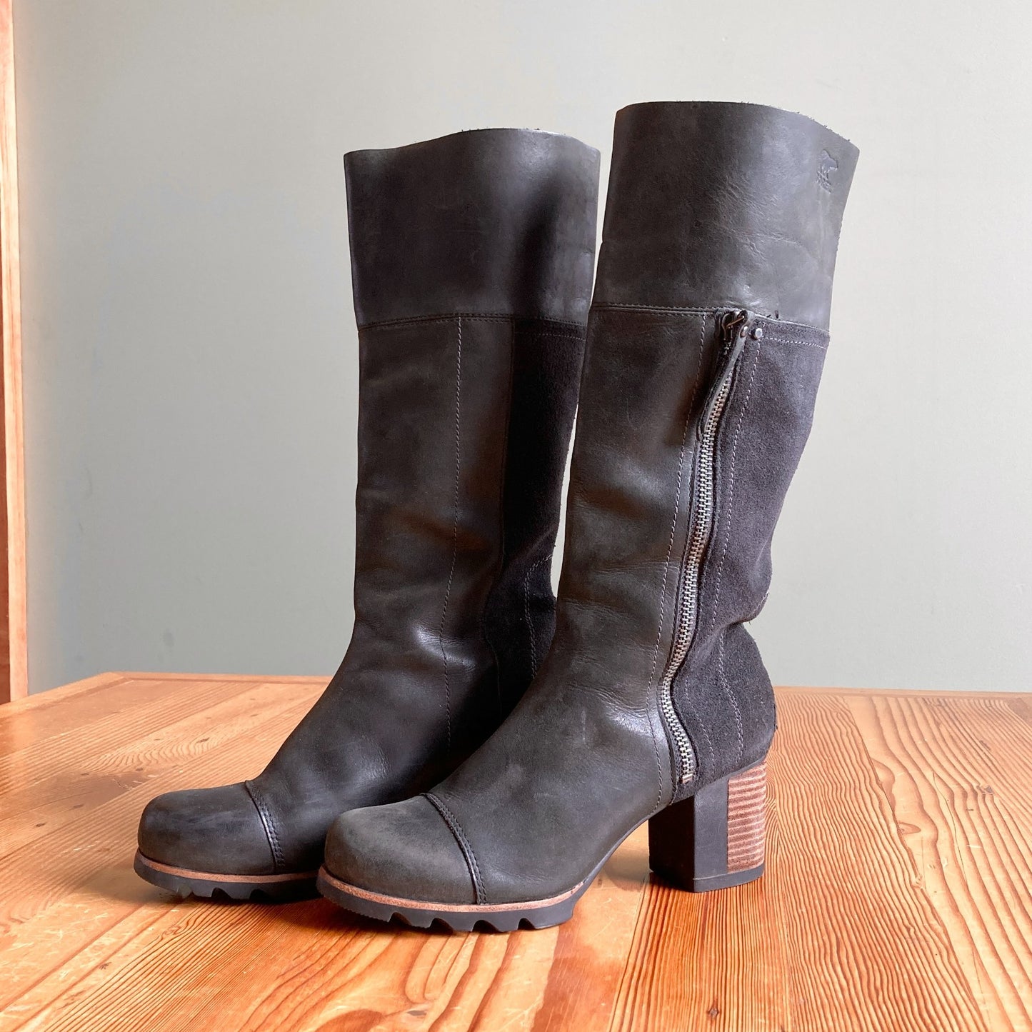 8.5 - Sorel Black Leather Suede Waterproof Addington Tall Heeled Boots 0830QL