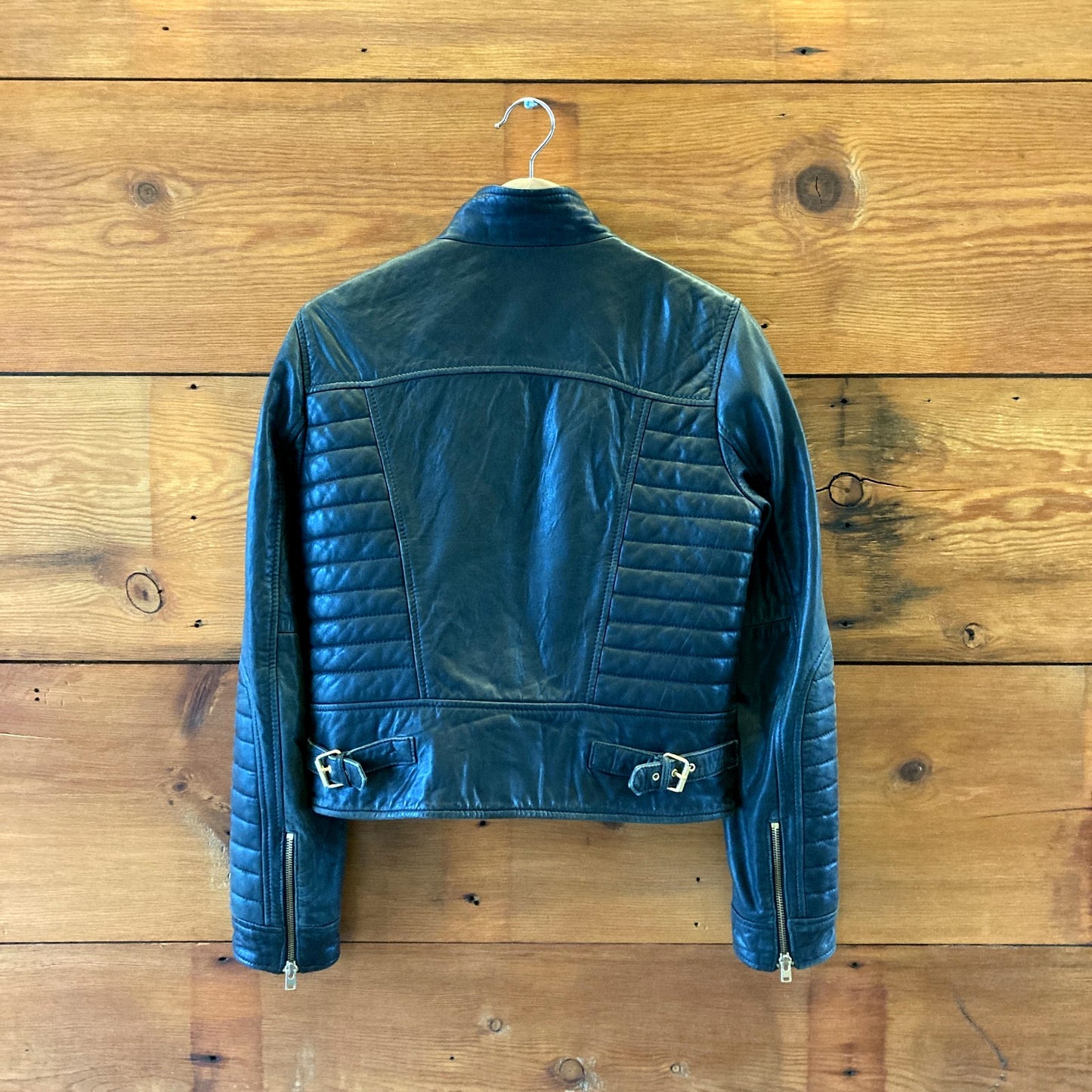 4 - J. Crew Collection Blue Gray Standing Collar Leather Moto Jacket 1030CM