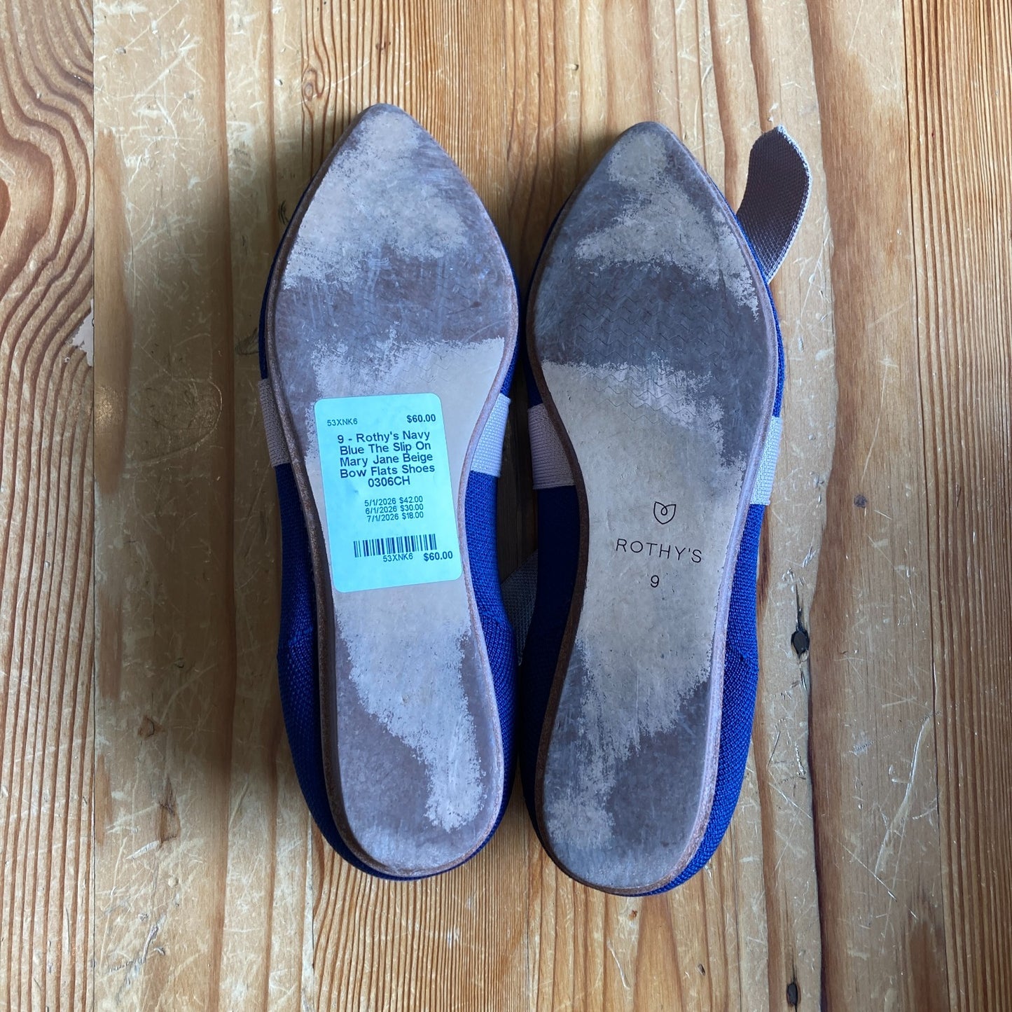 9 - Rothy's Navy Blue The Slip On Mary Jane Beige Bow Flats Shoes 0306CH