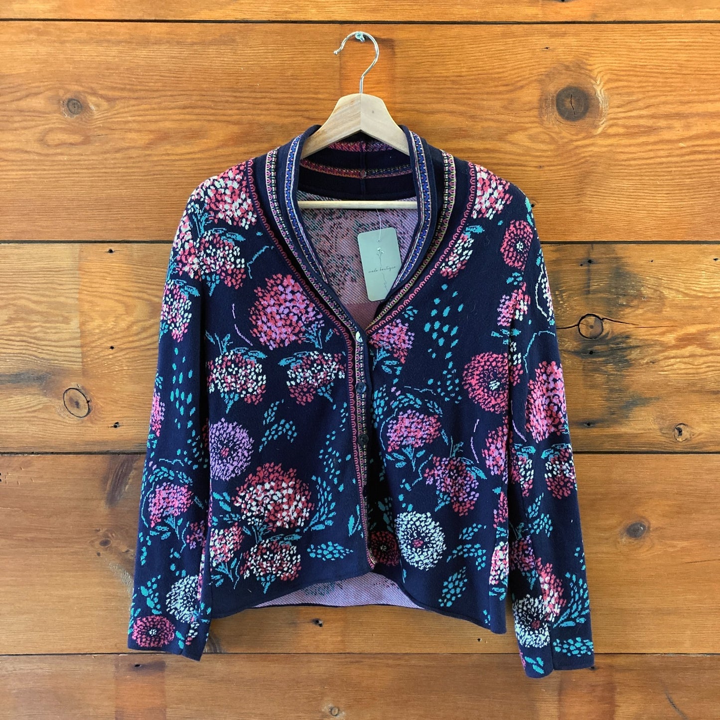 Ivko Navy Floral Patterned Button Up Cotton Cardigan Sweater - Size S - 1213SM