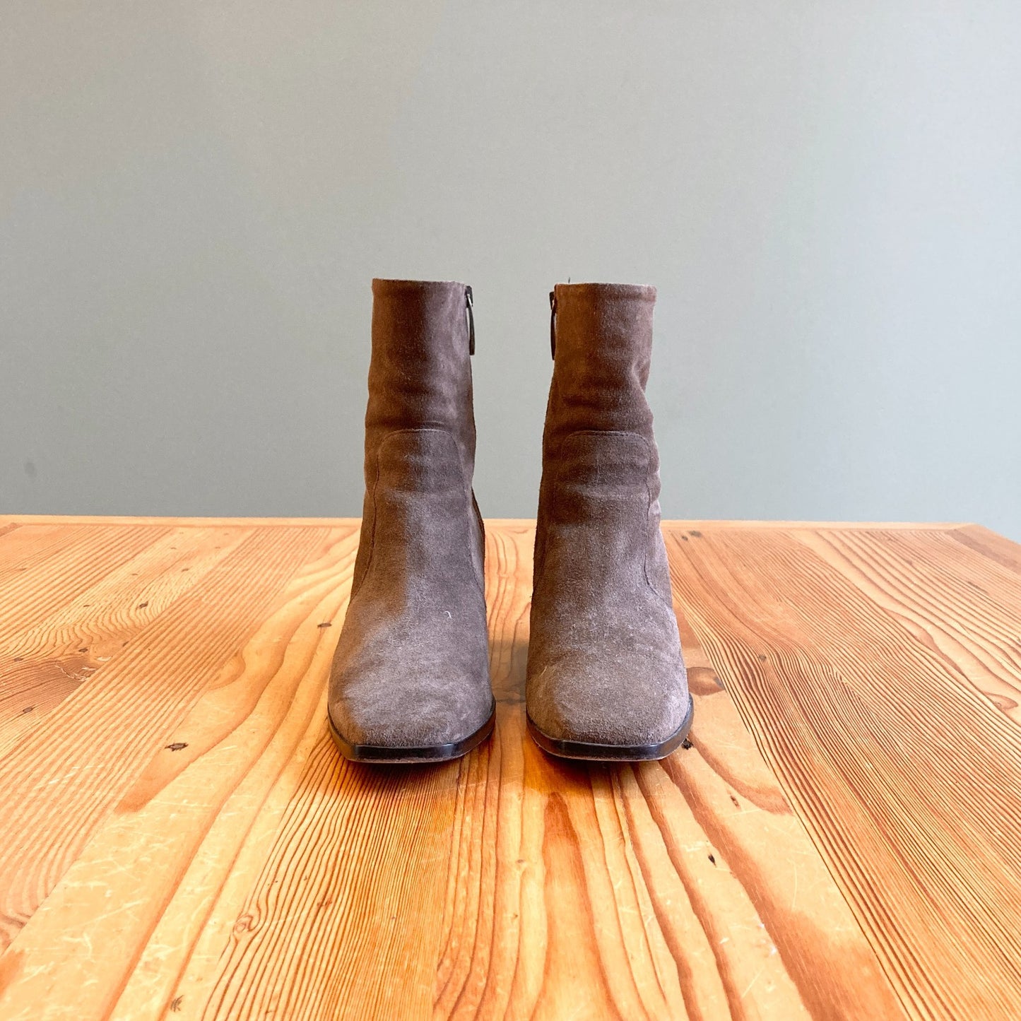 9.5 - Thursday Brown Suede Aspen Soho Zip Ankle Stack Heel Boots w/ Box 1008TB