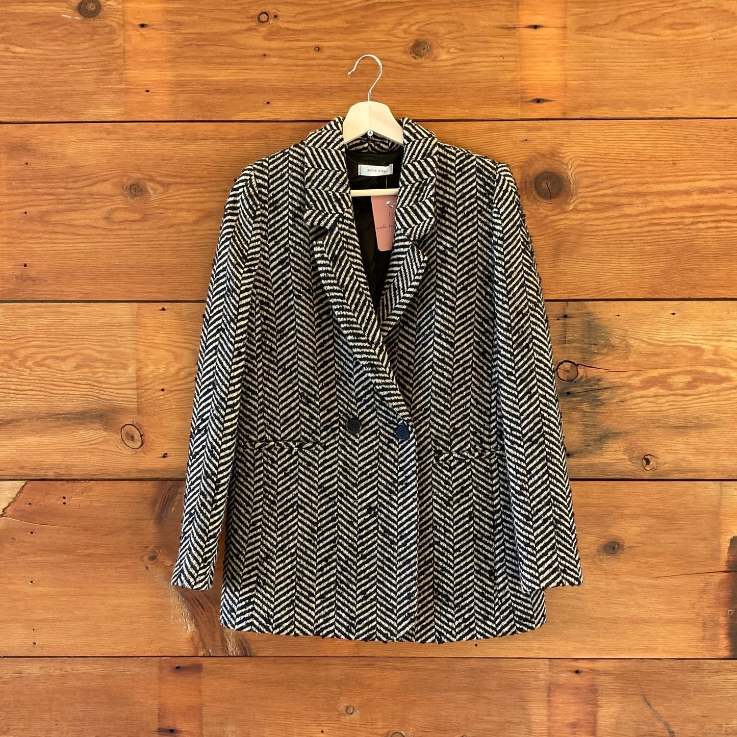 S - Anine Bing Black & Tan Fishbone Tweed Diana Boxy Blazer Jacket 1011SC