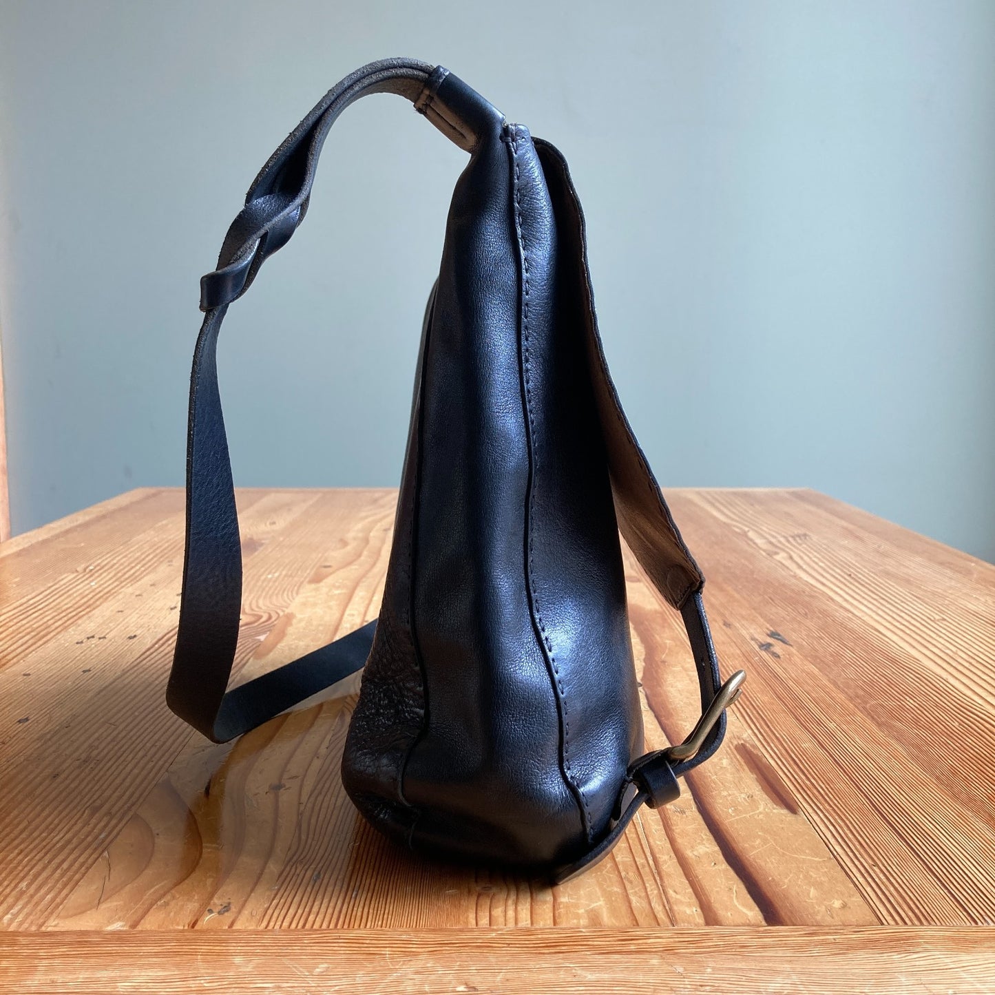 Henry Beguelin Black Leather Asymmetric Flap Closure Satchel Purse - 0209SB
