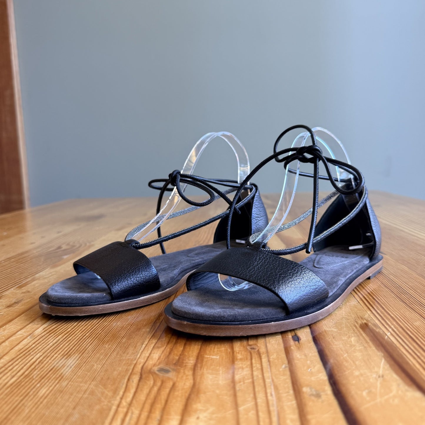 Brunello Cucinelli Black Leather Beaded Strappy Sandals - Size 38 / 8 - 1217RM