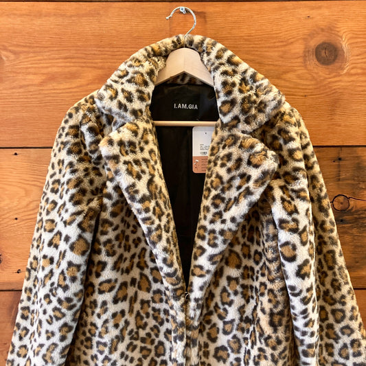 XS - I Am Gia Brown Faux Fur Leopard Print Raina Faux Fur Coat Jacket 0810RL