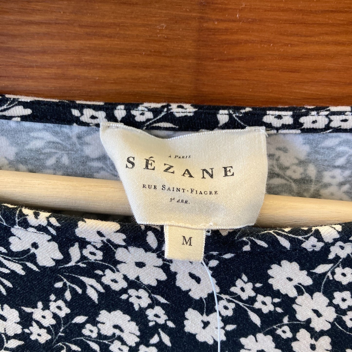 M - Sezane Black White Floral Print Pippa Short Sleeve Hip Tie Dress 0707AC