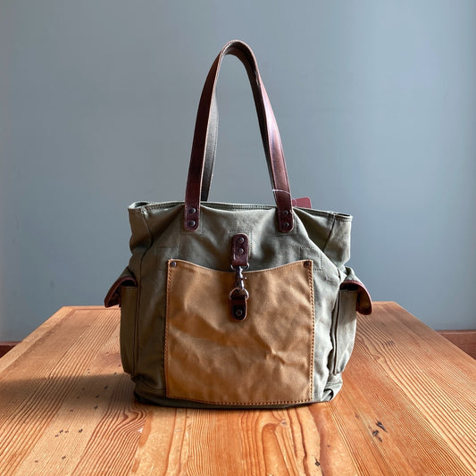 TSD Brand Olive Green Valley and Sky Canvas & Leather Tote Bag 0312IG