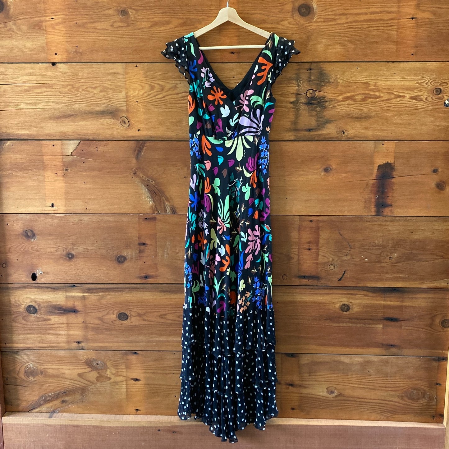 Rixo Black Floral Polka Dot  Print Silk Ossey Maxi Dress - Size S / 6 - 0121CE