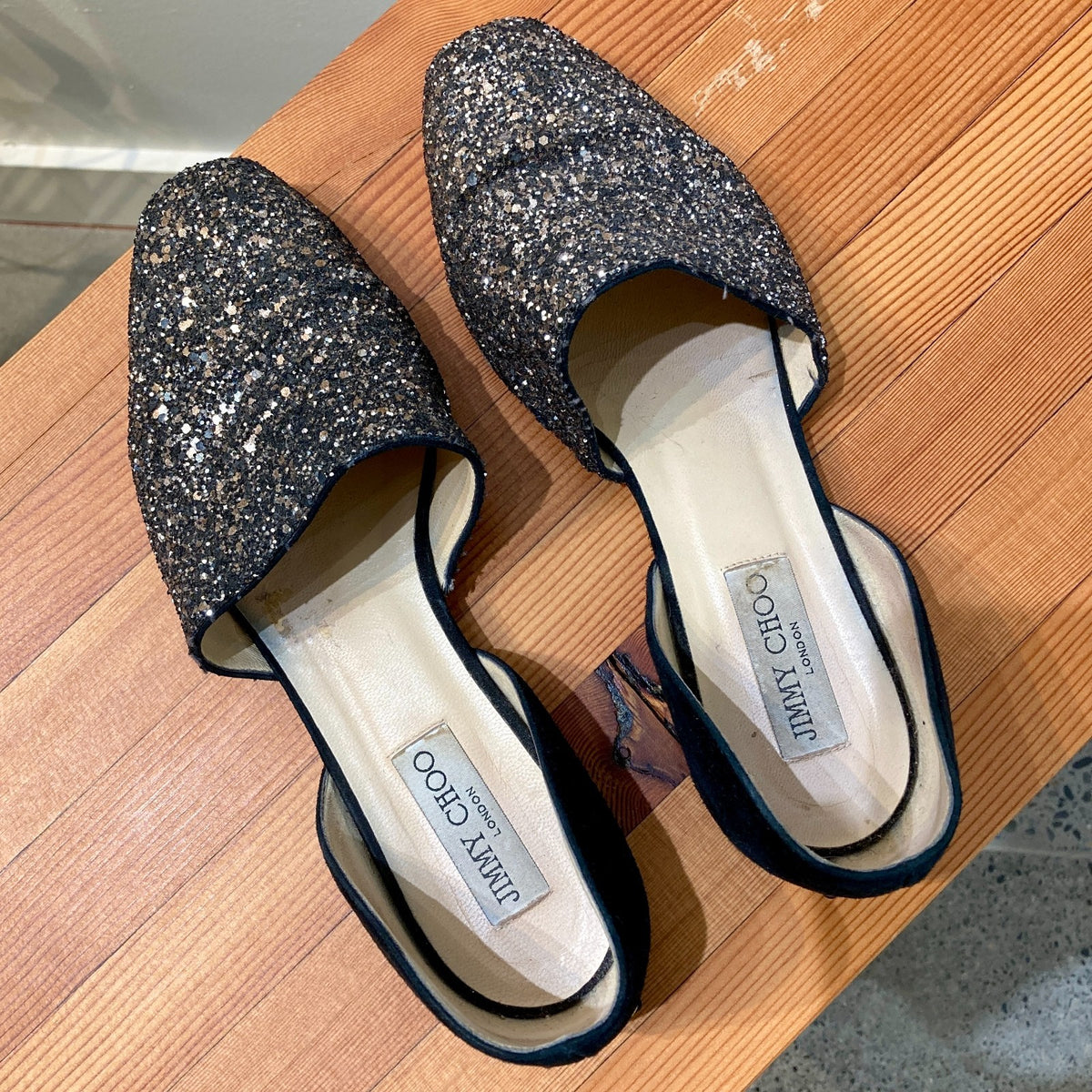 Jimmy Choo Black Coarse Glitter Globe D'Orsay Suede Flats - 37.5 / 7.5 - 0907LR