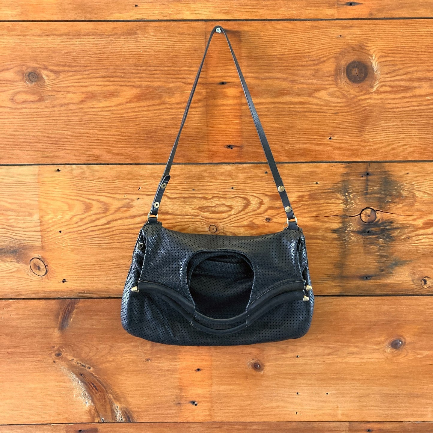 JAS M.B. London Black Perforated Leather Foldover Shoulder Purse - 0904NF