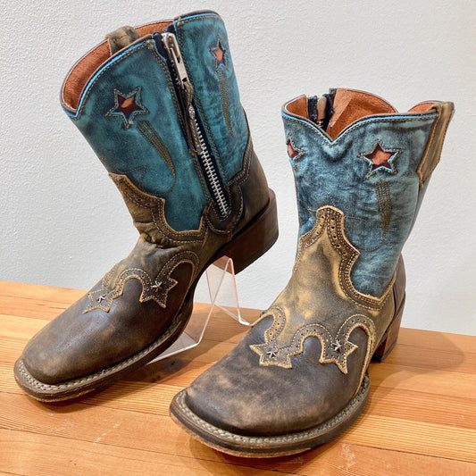 Dan Post Brown & Blue Leather Embroidered Cowboy Boots - Size 8 - EUC - 1122CT