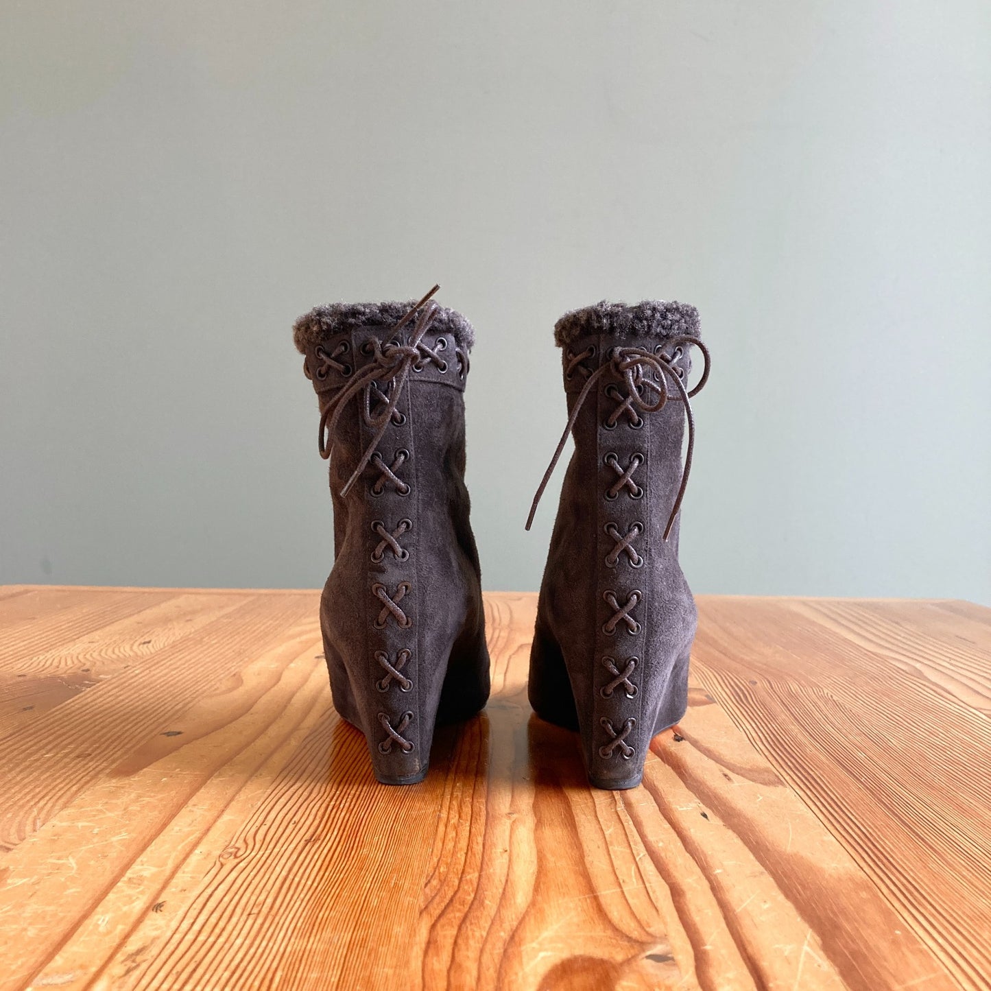 38.5 / 8.5 - Christian Louboutin Brown Suede Shearling Wedge Boots 1203TR