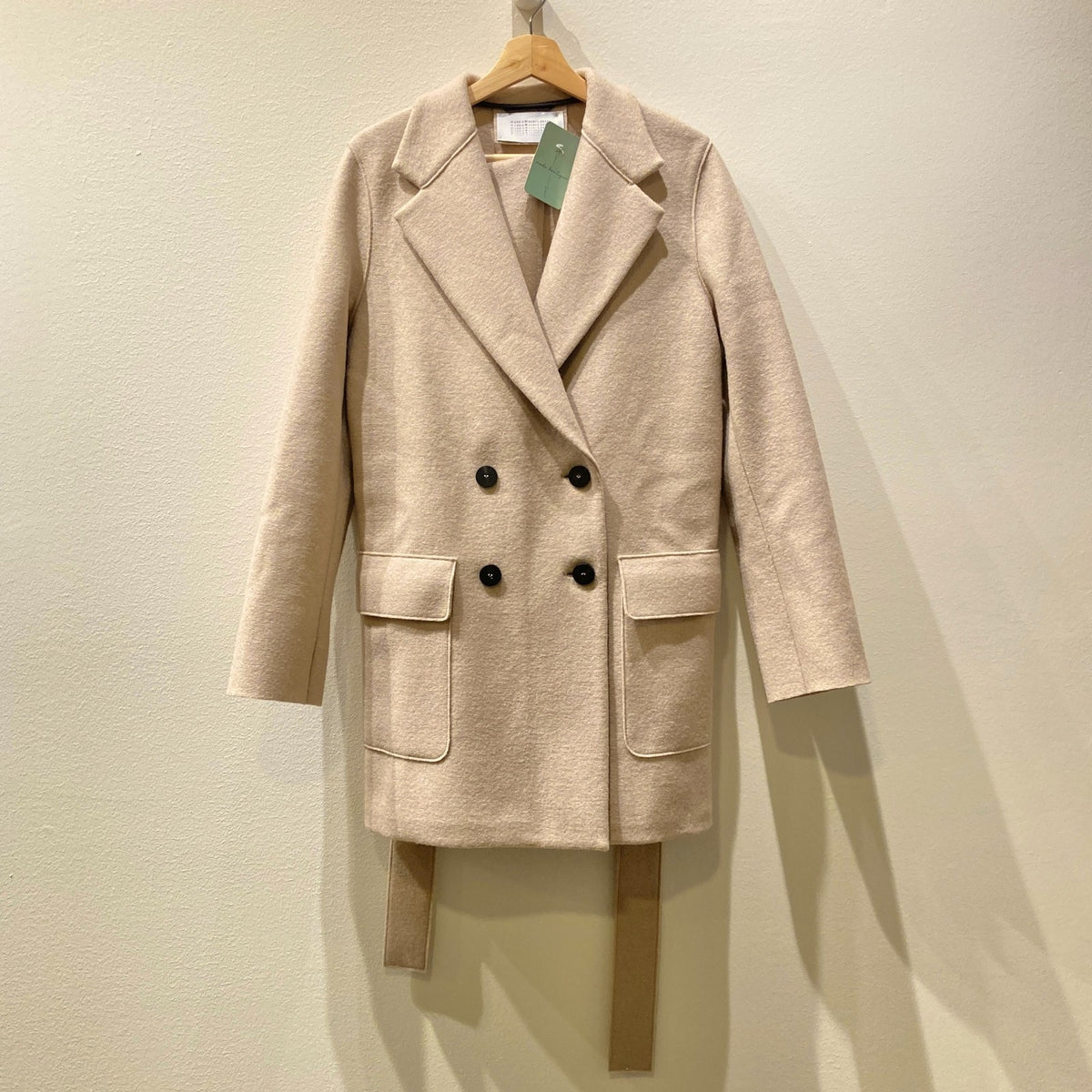 Harris Wharf Beige Tie Waist Wool Double Breasted Coat - Size 44 / L - 1125KG