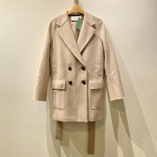 Harris Wharf Beige Tie Waist Wool Double Breasted Coat - Size 44 / L - 1125KG