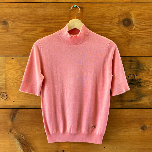 Nina Ricci Salmon Mock Neck Short Sleeve Silk Cashmere Sweater - Sz S - 0422VS