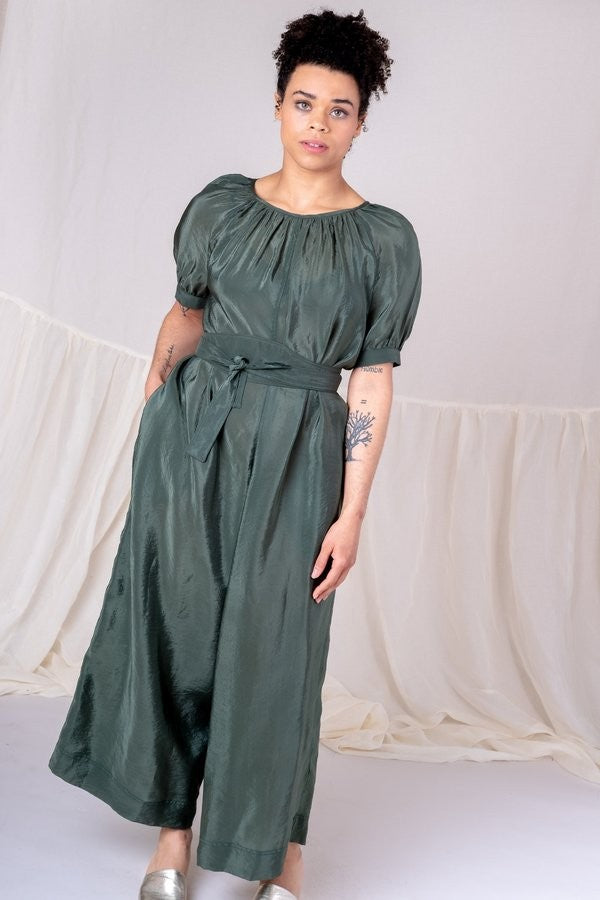 Caron Callahan Green Theos Short Sleeve Breezy Cupro Jumpsuit - Size S - 1125KG