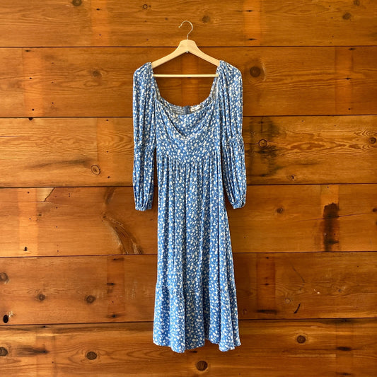 Reformation Blue Floral Print Mica Midi Long Sleeve Dress - Size S - 0313SH