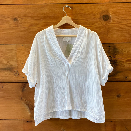 Xirena White Gauze Cotton V Neck Short Sleeve Boxy Shirt Top - Size M - 4427SC