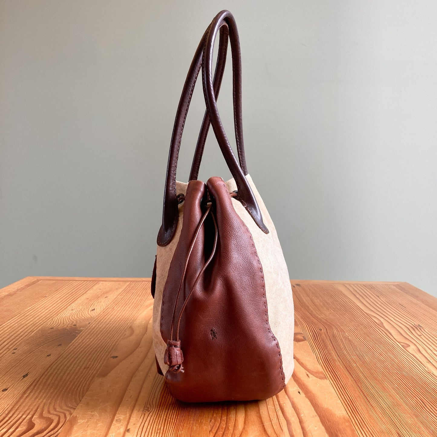 Henry Beguelin Brown Leather Natural Canvas Hobo Drawstring Shoulder Bag 0503MC