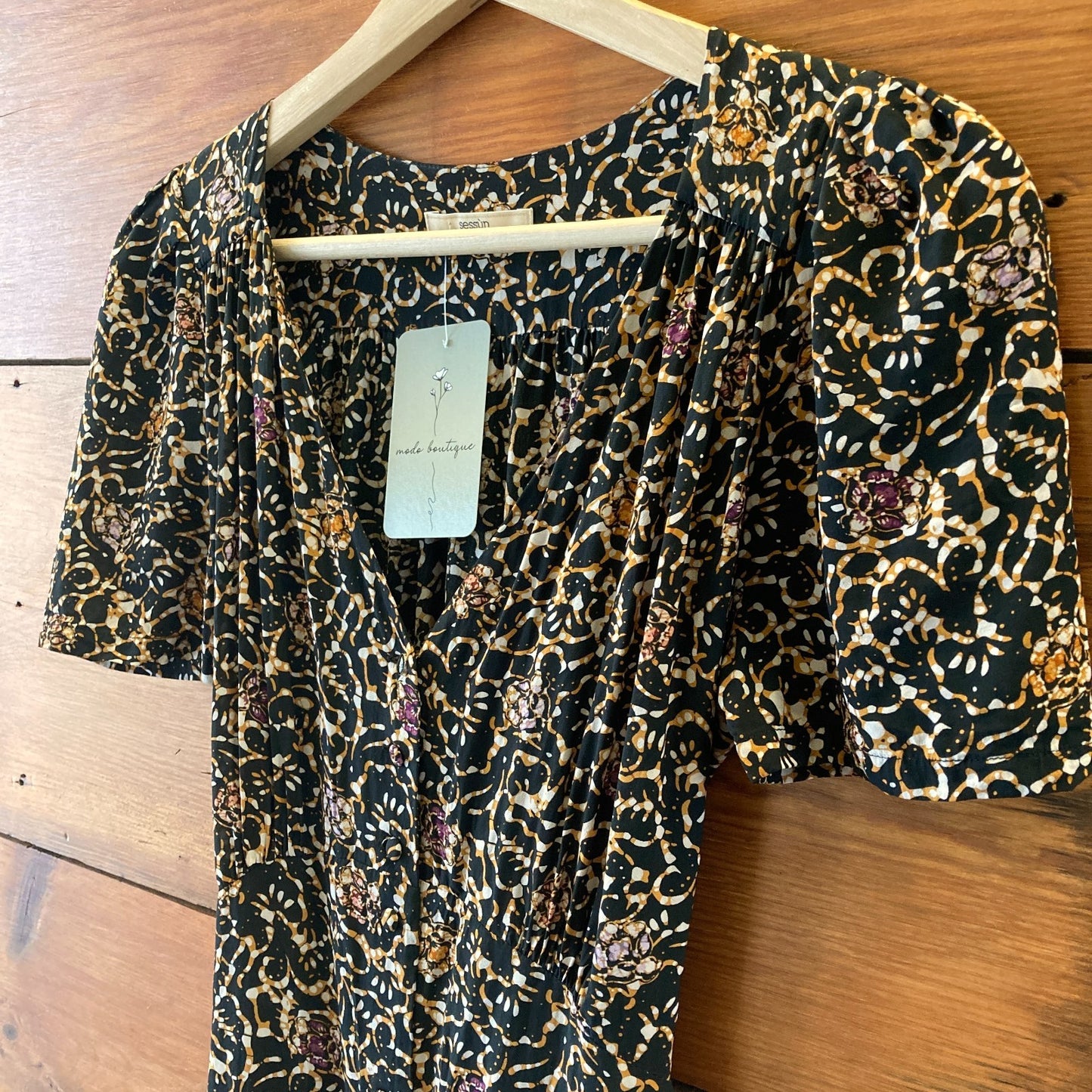 Sessun Black Brown Floy Joy Print Claudia Short Sleeve Dress - Size S - 0813CP