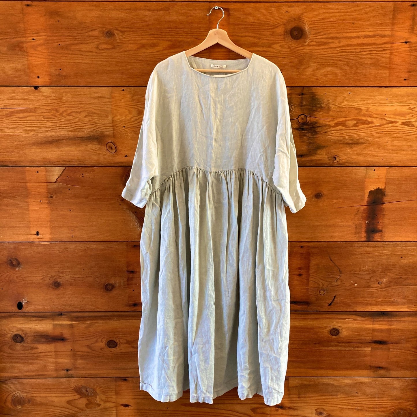 M - Black Crane Gray 100% Linen Short Sleeve Artsy Lagenlook Dress 0416JW
