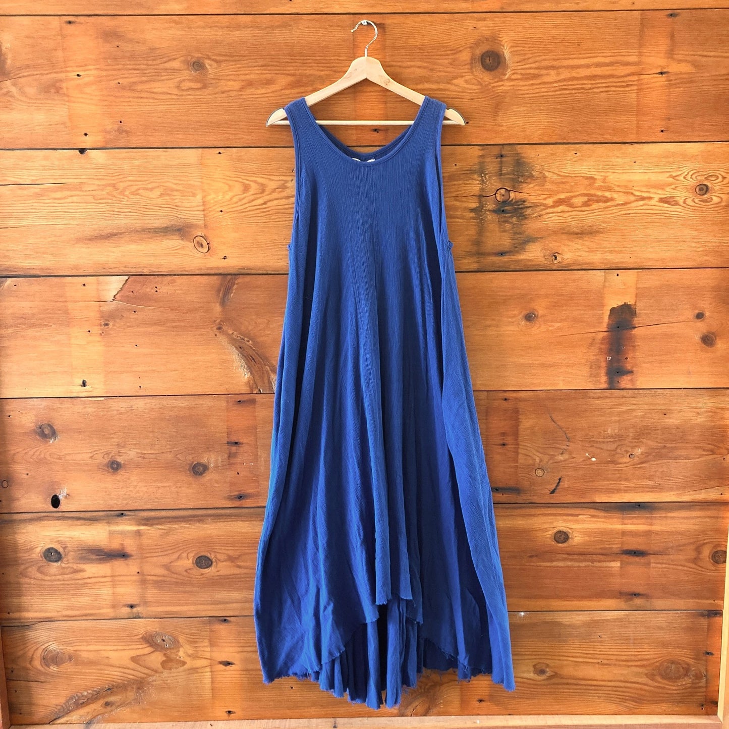 L - Black Crane Blue 100% Gauze Cotton Sleeveless Raw Hem Maxi Dress 0416JW