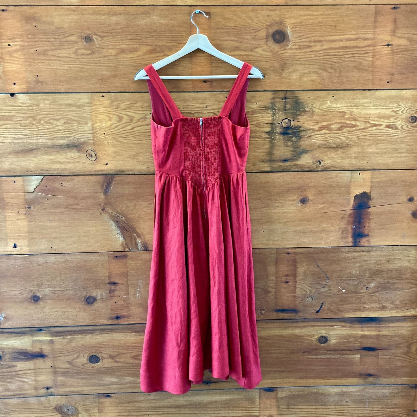 Reformation $278 Red Linen Smocked Balia Midi Dress - Size 6 Petite - 0607AB
