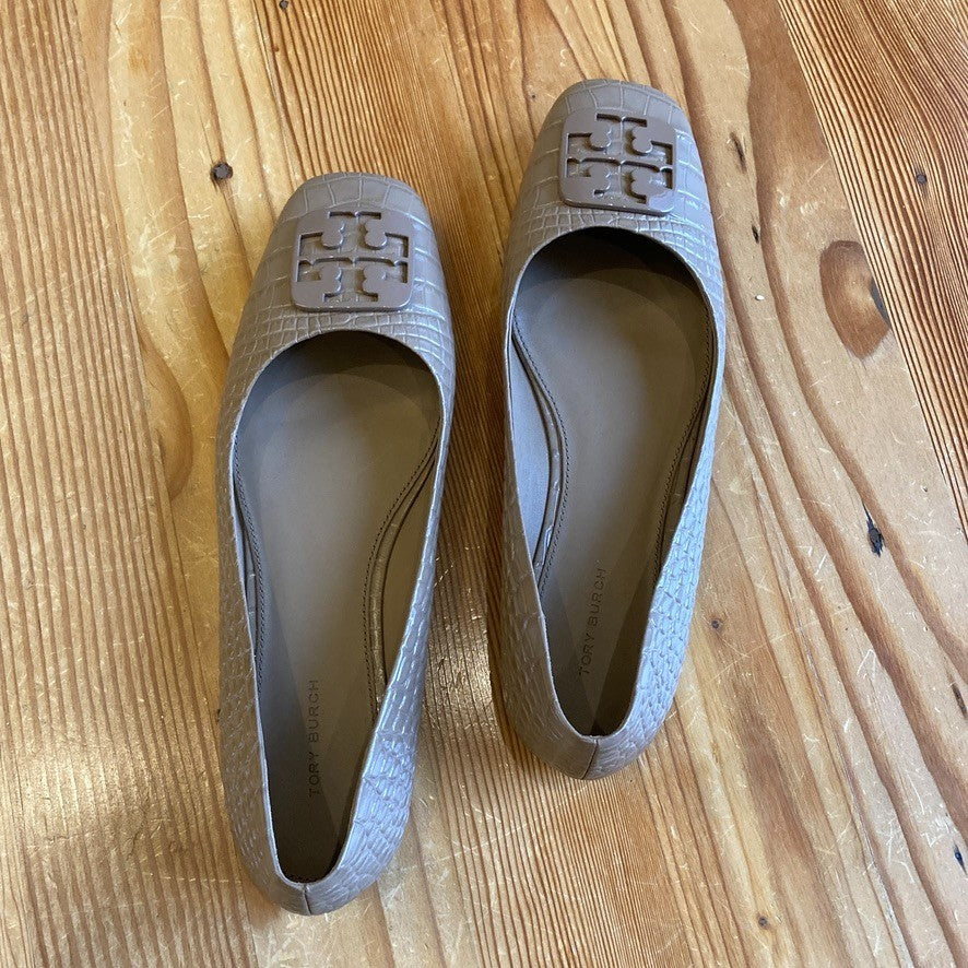 10 - Tory Burch Tan Brown Patent Leather Croc Embossed Flats Shoes 0206BS