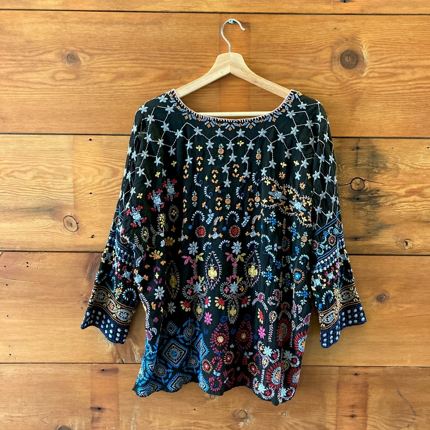 Johnny Was Black Embroidered Zora Stitchwork Tunic Blouse Top - Size L - 1209SH