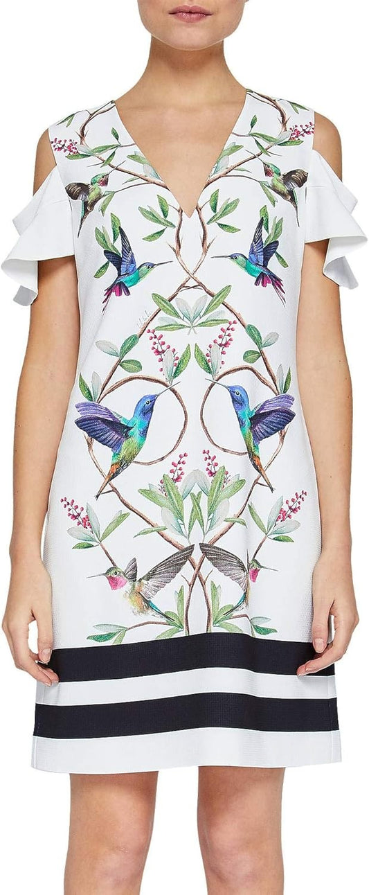 Ted Baker White Hummingbird Open Shoulder Emestin Dress - Size 2 - 0108SR