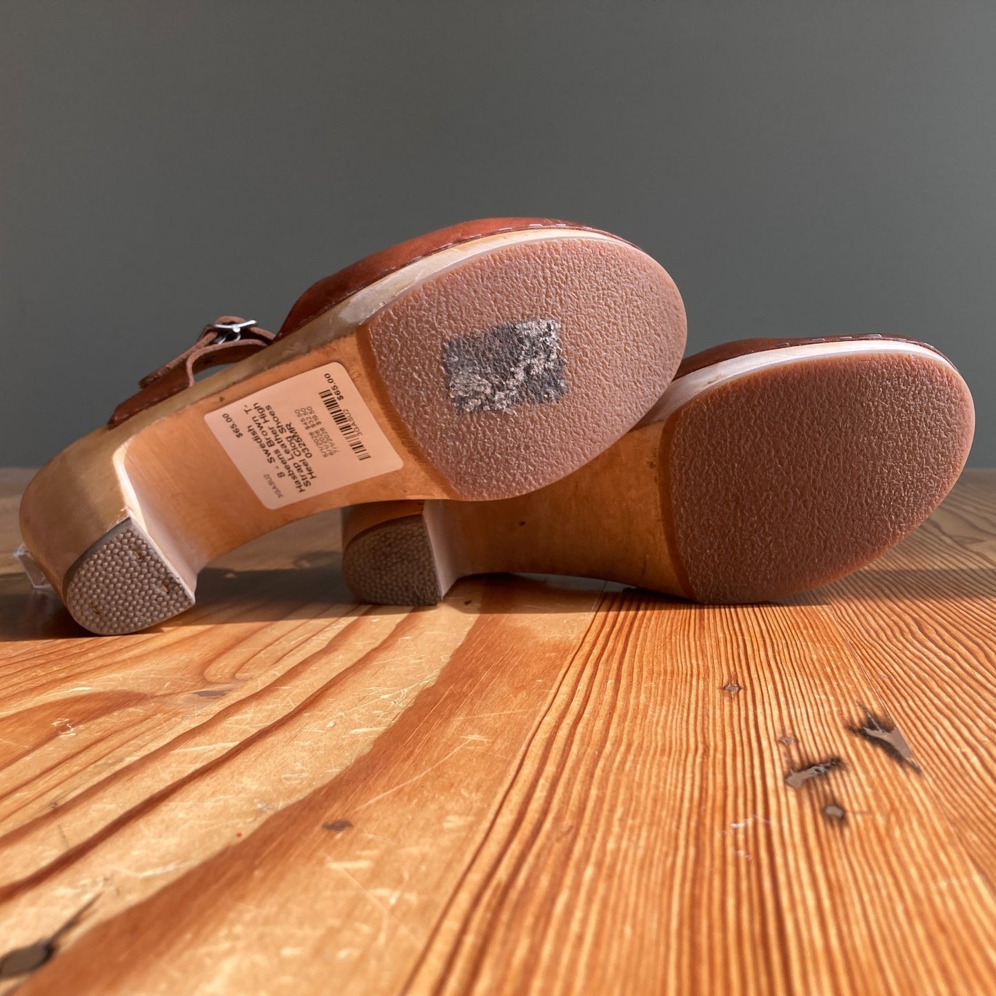 8 - Swedish Hasbeens Brown T-Strap Leather High Heel Clog Shoes 0325MR