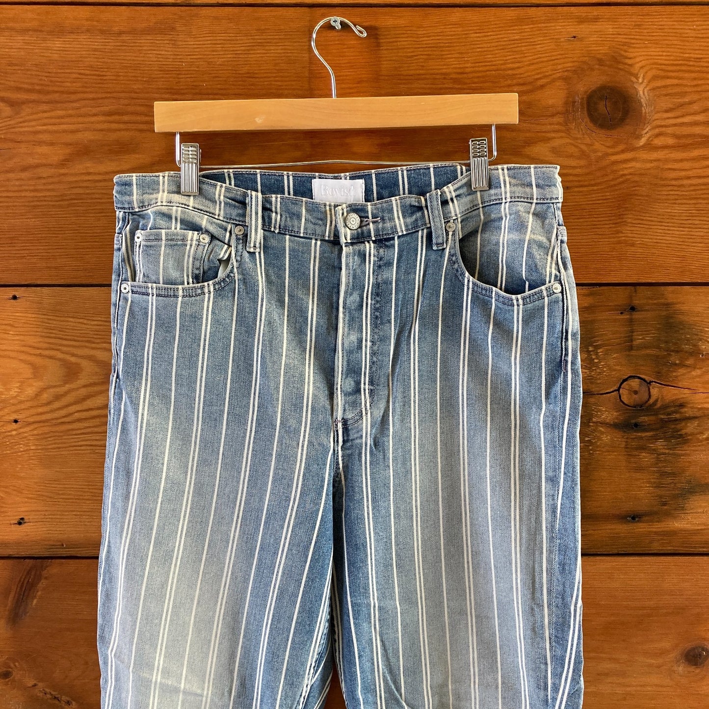 32 - Boyish $148 Anthropologie Blue Striped Denim Raw Hem Jeans NEW 1122CT