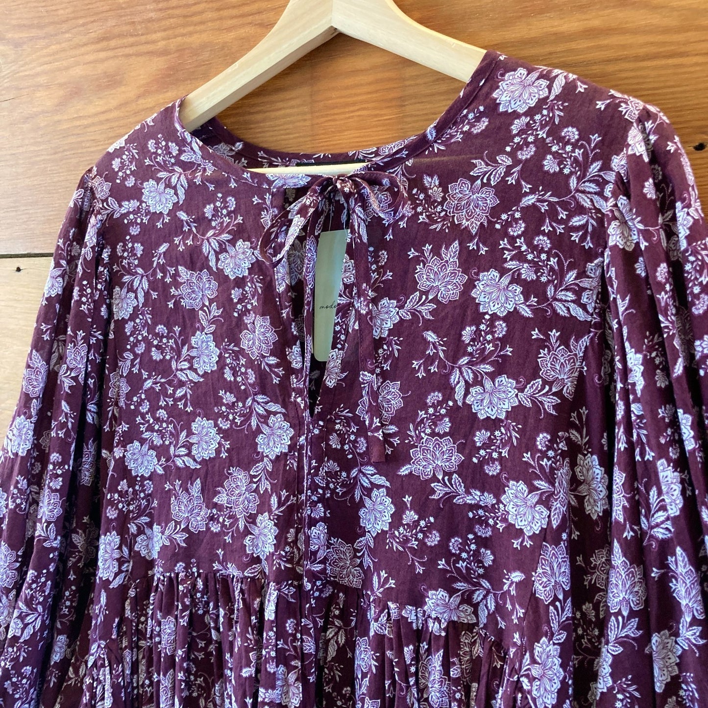 Madewell NEW Burgundy Floral Print Splitneck Puff-Sleeve Dress - Size L - 1203TR