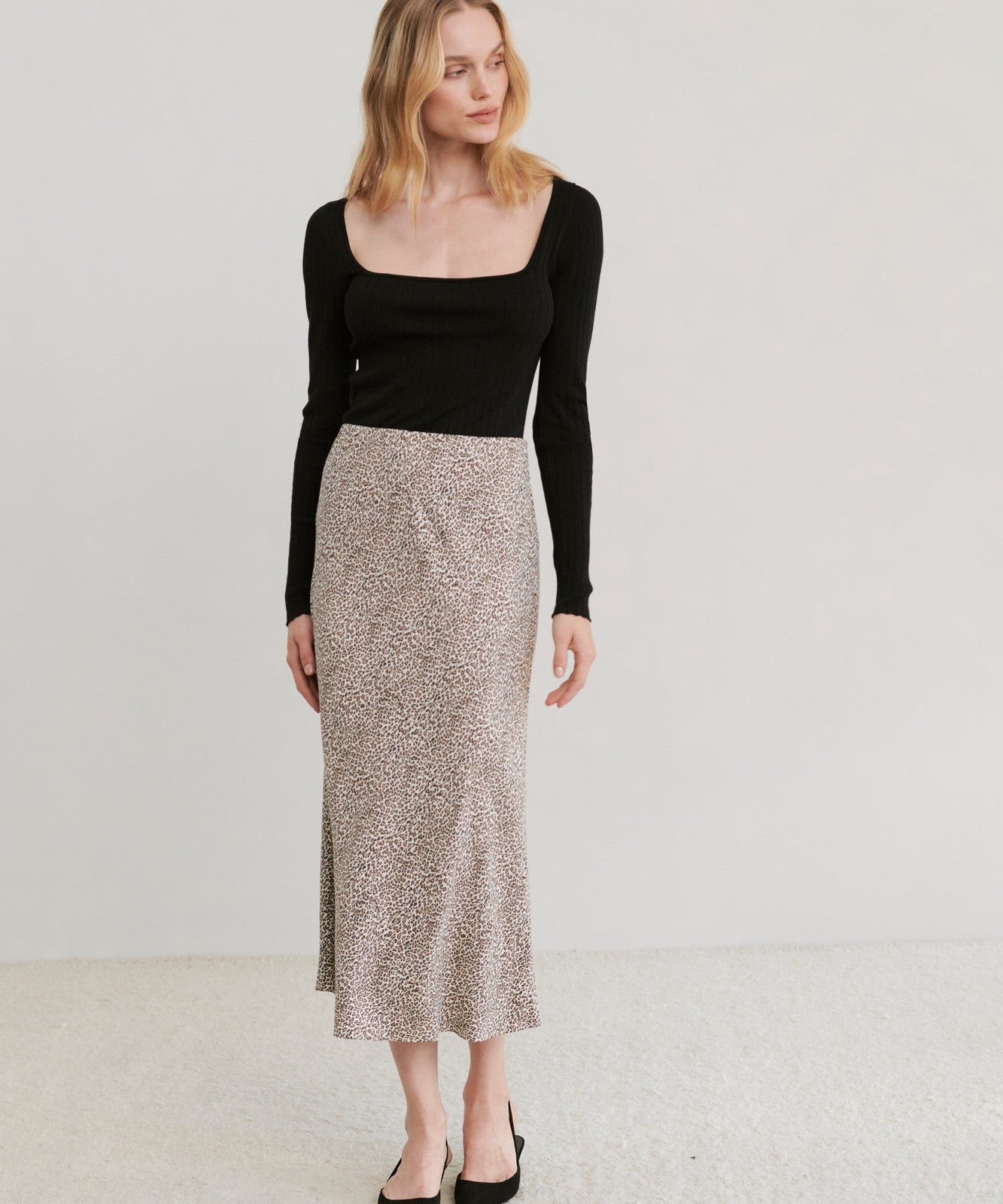 L - Jenni Kayne Leopard Print Slip Midi Pull-On Elastic Waist Skirt 0916VB