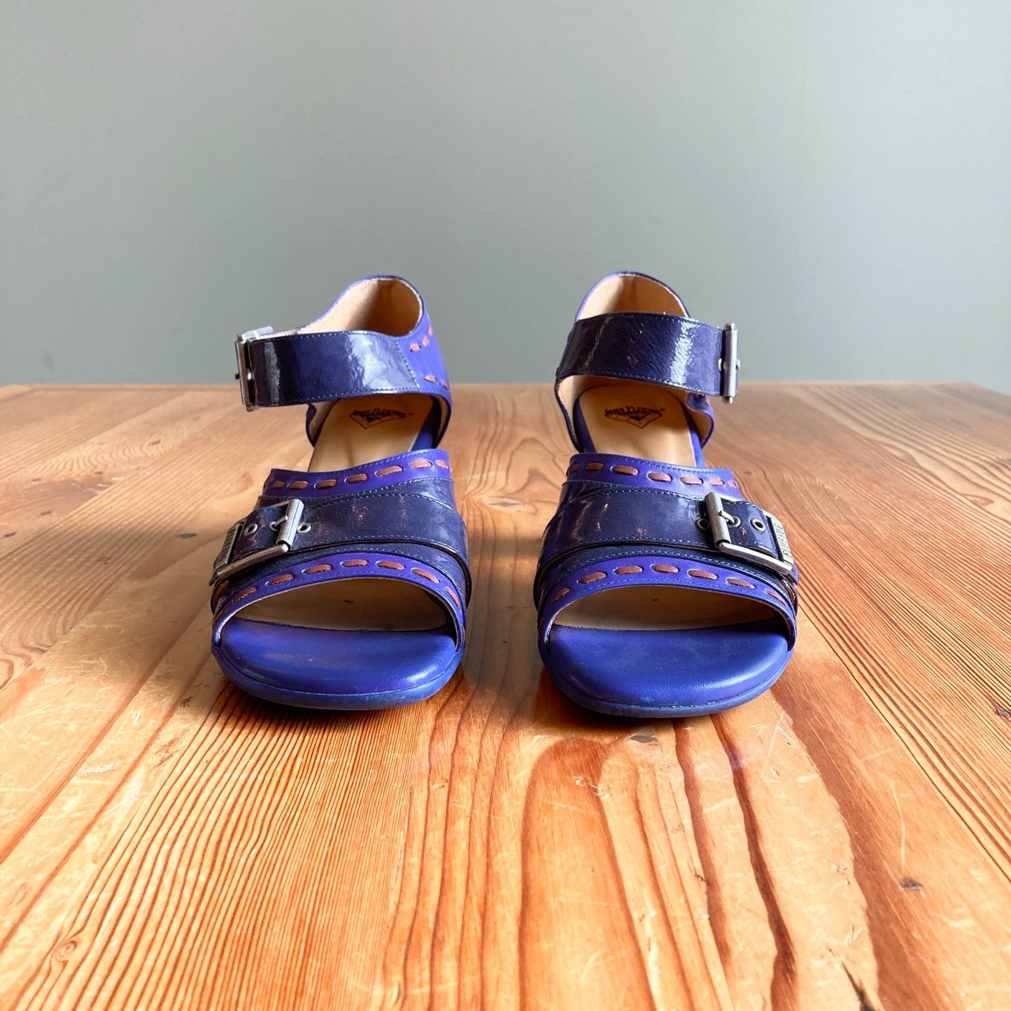 10 - John Fluevog Purple Leather Stitched Open Toe Renee Heels Shoes 1008CR