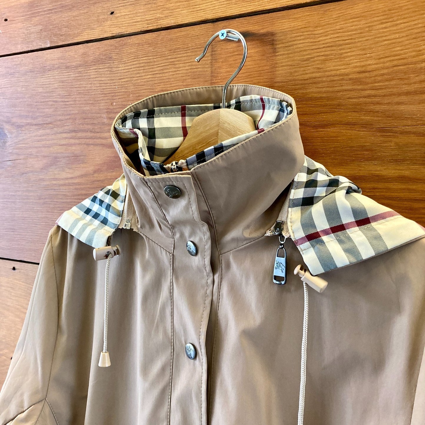 Burberry Tan Nova Check Lined Hooded Belted Snap Front Jacket - Size L - 0617MV