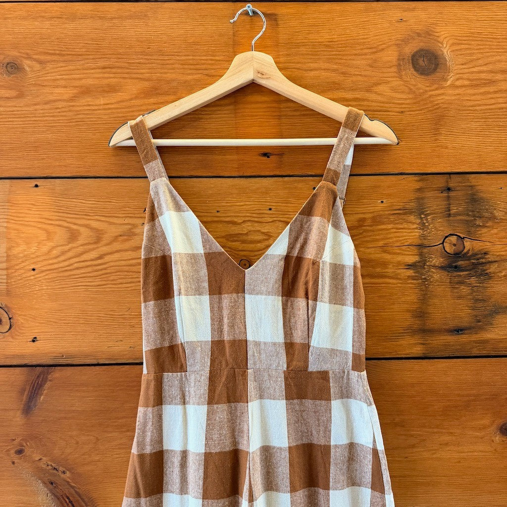 Ali Golden Brown White Gingham Raw Silk Fitted Jumpsuit - Size XS - 0312IG