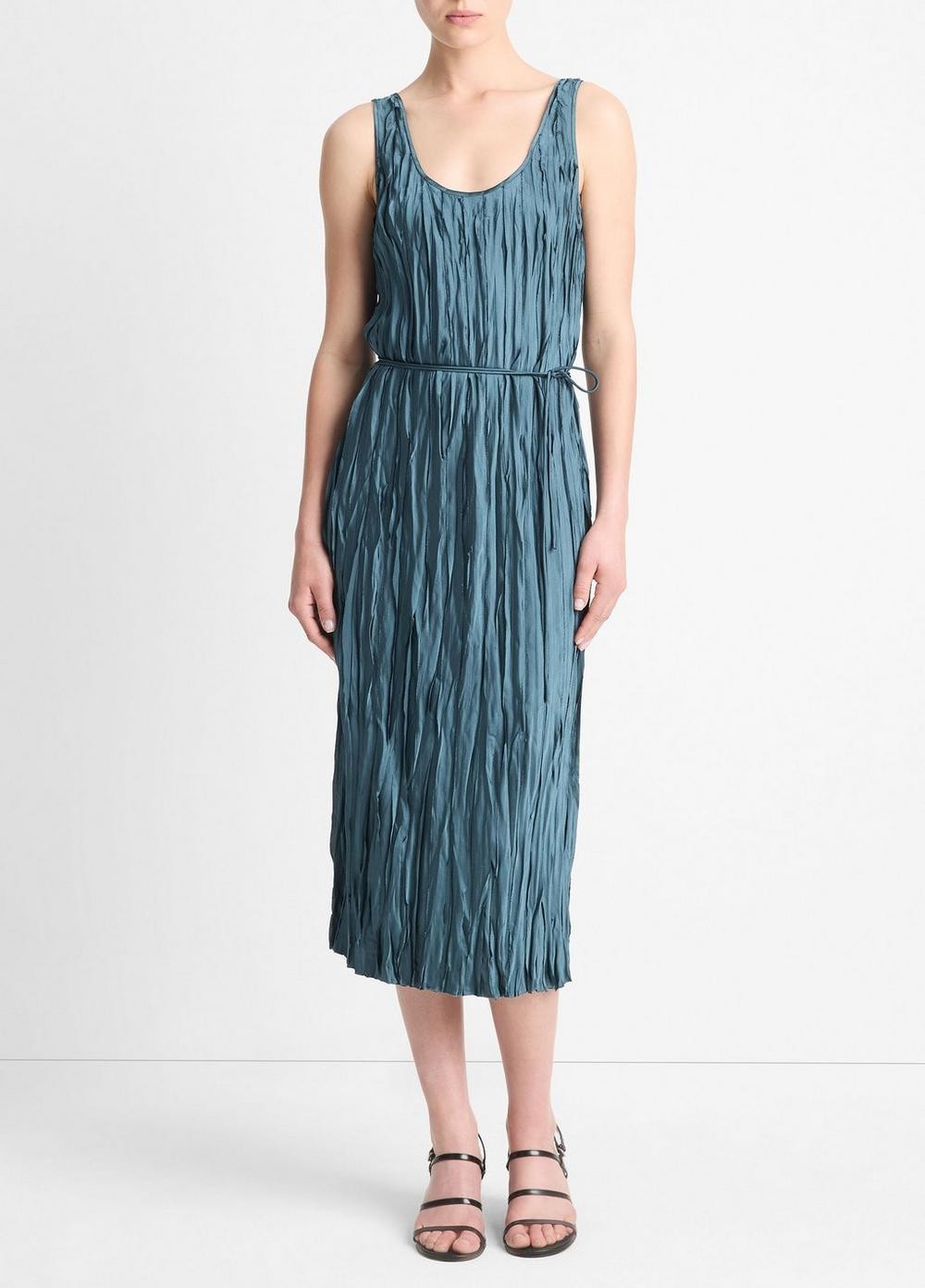 L - Vince Marine Stone Teal Crushed Satin Bias Tank Dress 0523HS