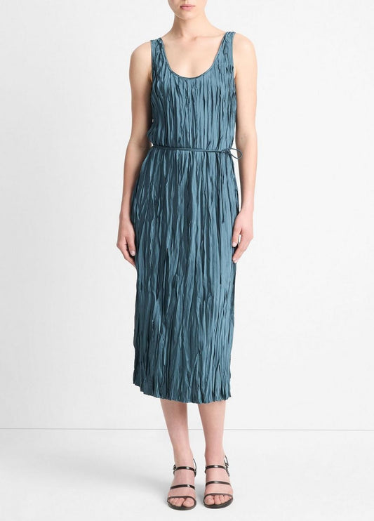 L - Vince Marine Stone Teal Crushed Satin Bias Tank Dress 0523HS