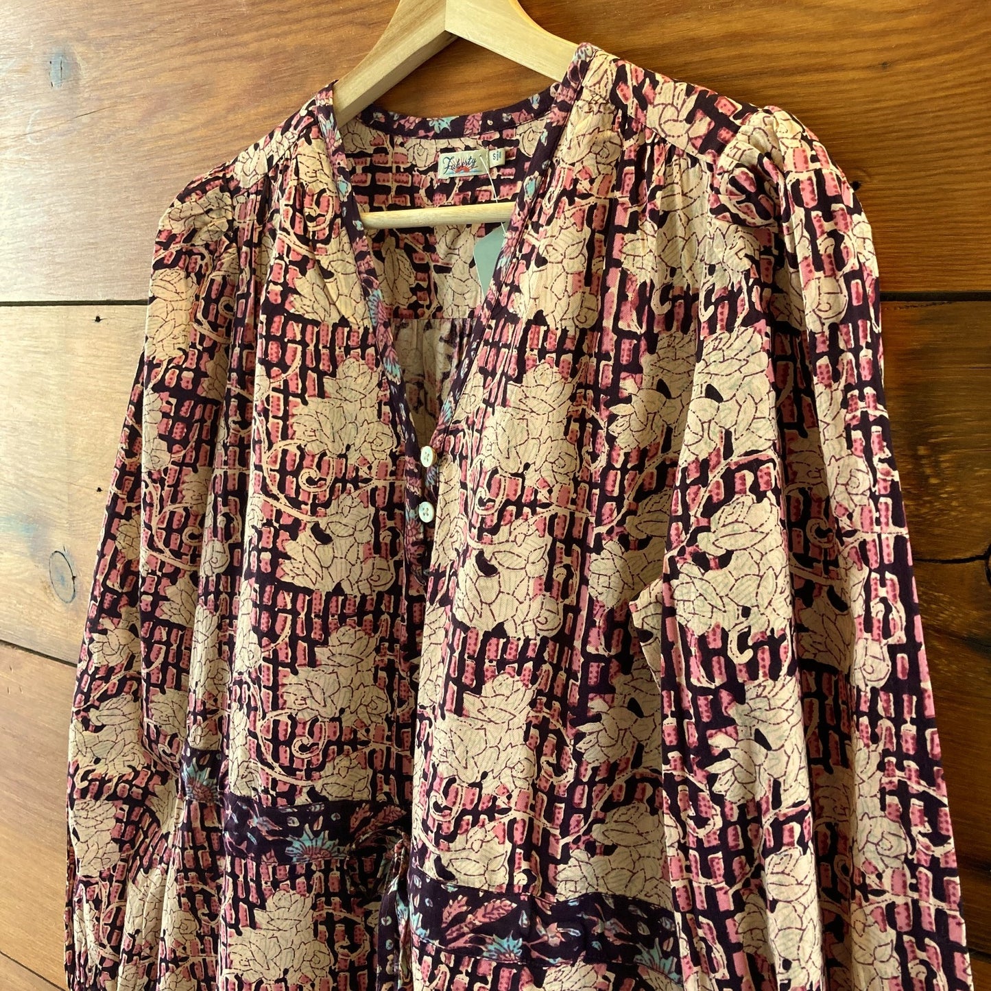 Faherty Pink Idina Block Print Long Sleeve Tie Waist Maxi Dress - Sz S - 0830KJ
