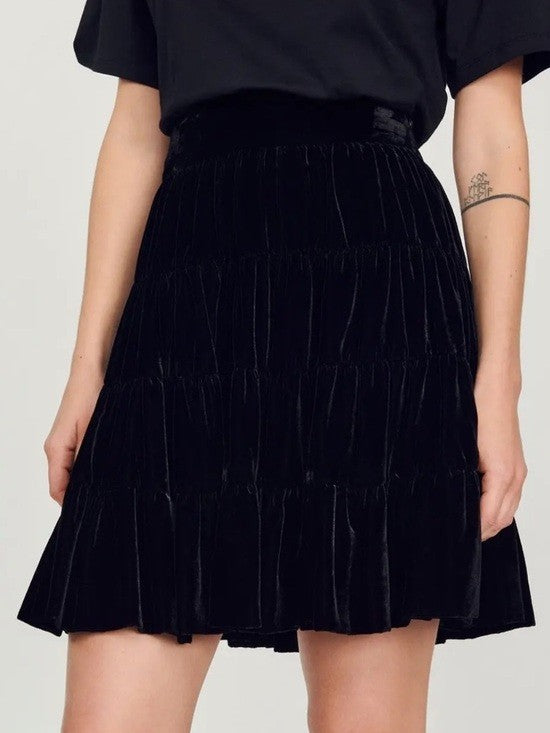 Sandro Black Velvet Tiered Flirty A Line Above Knee Skirt - Size 36 - 0821SM