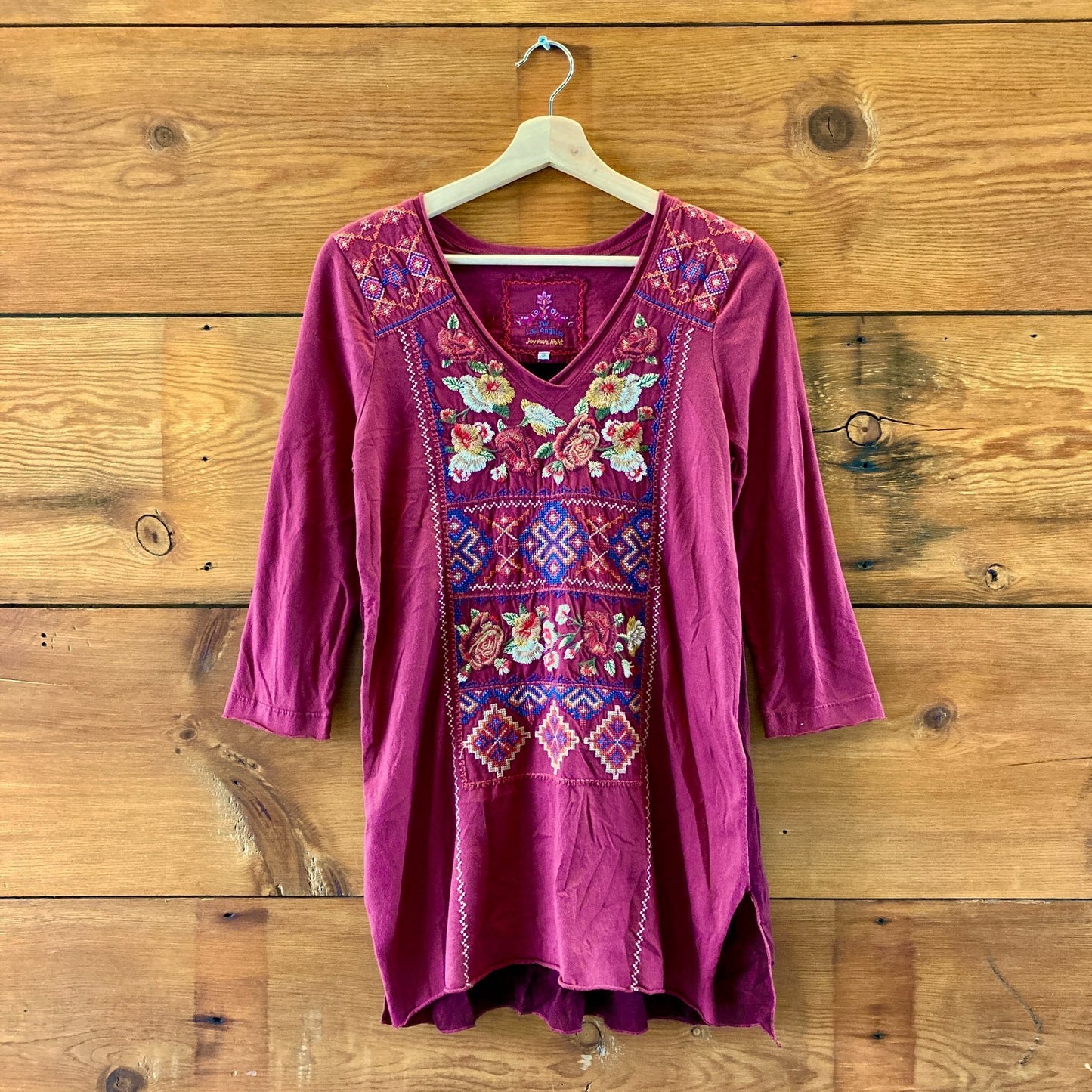 Johnny Was Burgundy Embroidered Long Sleeve Tunic Shirt Top - Size S - 0621AS