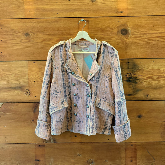 Free People Pink Jacquard Lotty Ornate Button Closure Jacket - Size M - 1107KK