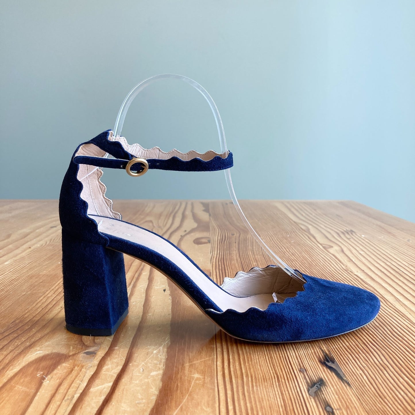 Chloe Navy Suede Scalloped D'Orsay Block Lauren Heels - Size 38 / 8 - 0926AD