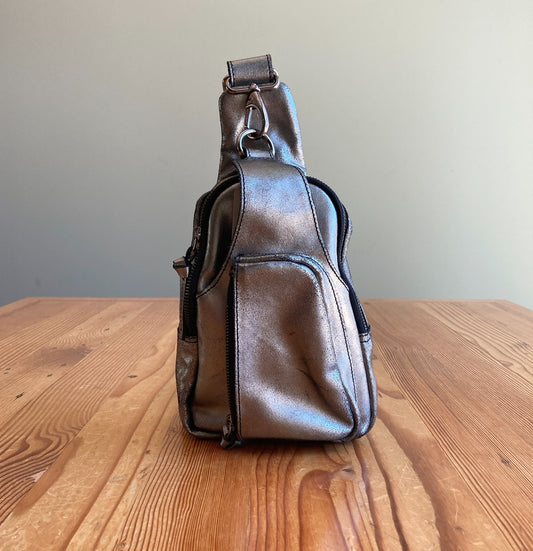 Free People Gunmetal Metallic Leather Hudson Sling Crossbody Bag - 0425SV