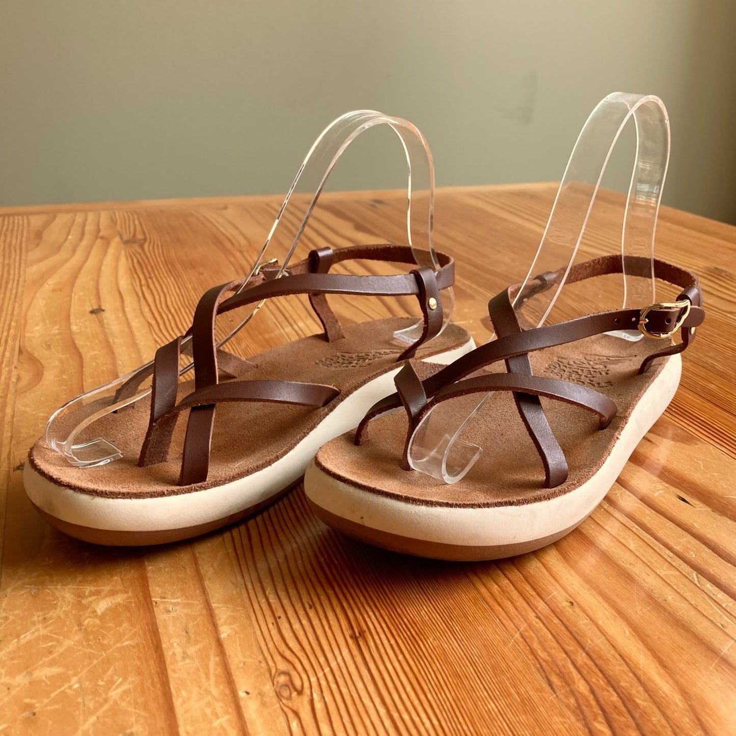 Ancient Greek Brown Leather w/ White Chunky Sole Sandals - Size 37 - 0504SL